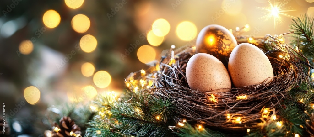 Poster easter eggs in a nest with colorful decorations and a flare effect creating a warm festive atmospher