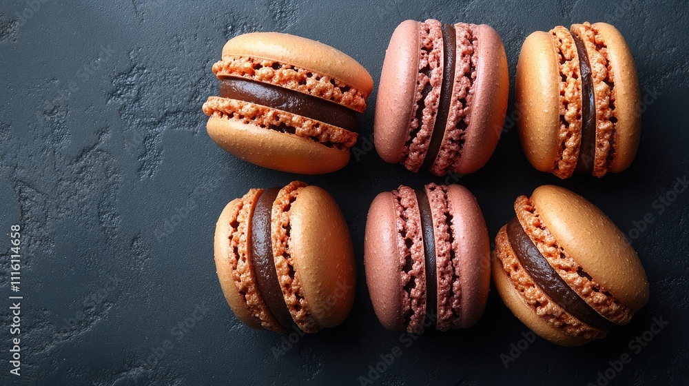 Poster colorful macaroons arranged on a dark textured background showcasing a delectable dessert choice for