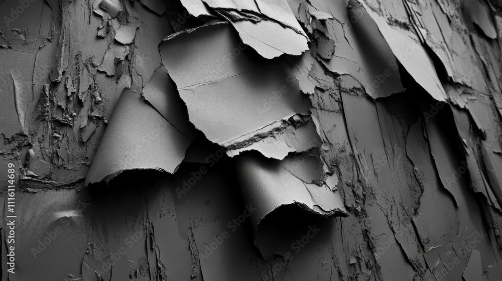 Poster textured gray recycled paper surface with peeling layers in a monochromatic design suitable for back