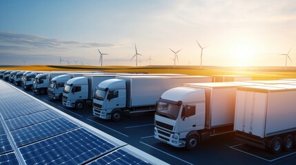 A fleet of trucks is parked near solar panels, with wind turbines in the background, showcasing sustainable transportation and renewable energy.