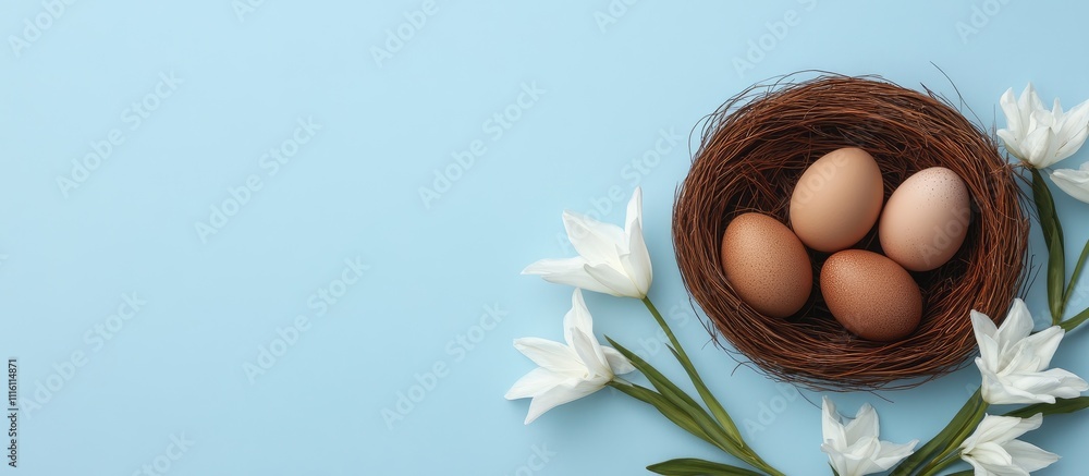 Poster nest with eggs and white flowers on a serene blue background creating a tranquil and natural spring 
