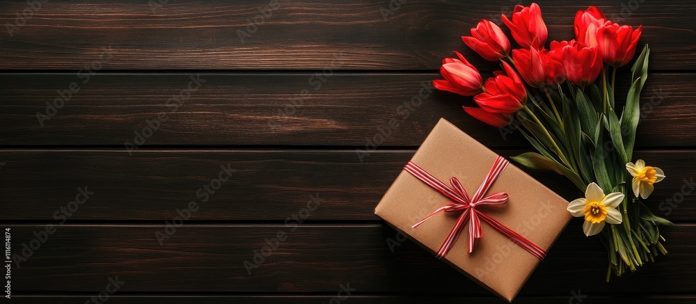Poster gift box and vibrant bouquet of red tulips and daffodils on wooden surface with overhead perspective