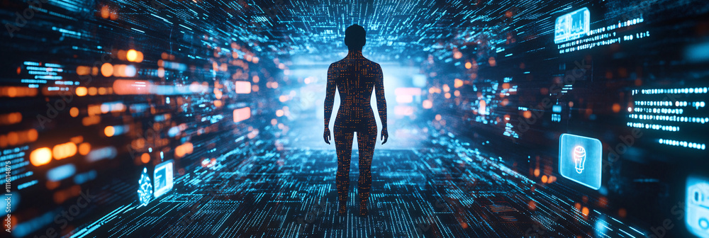 Poster a digital human figure made of glowing pixels, standing in a virtual interface filled with biometric