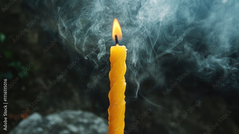 Poster slender golden candle extinguished with swirling smoke creating a serene and atmospheric ambiance in