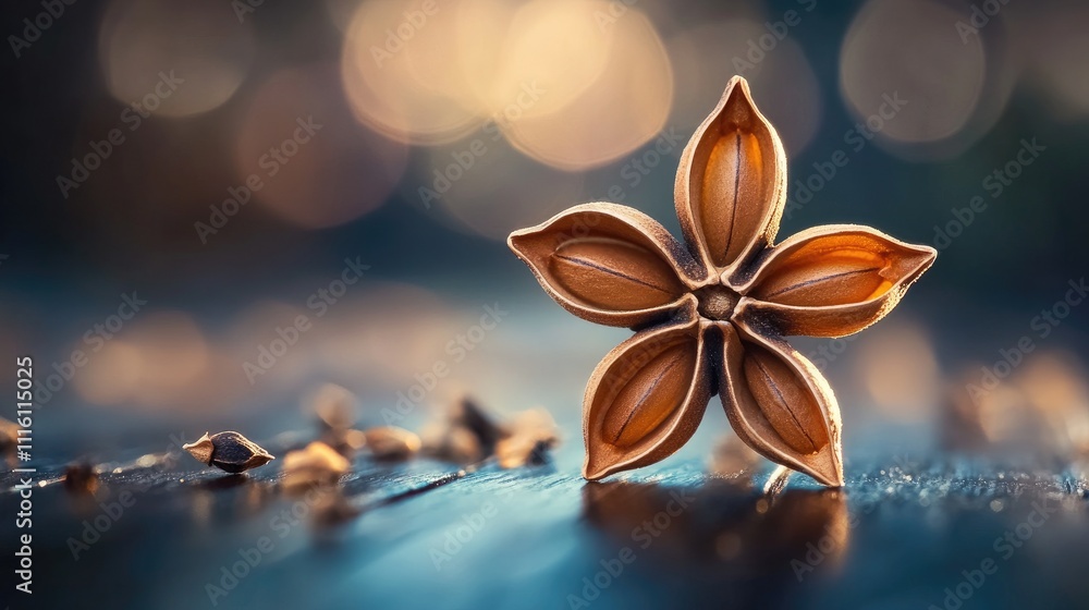 Aufkleber closeup view of star anise spice with blurred bokeh background highlighting its unique star shape an