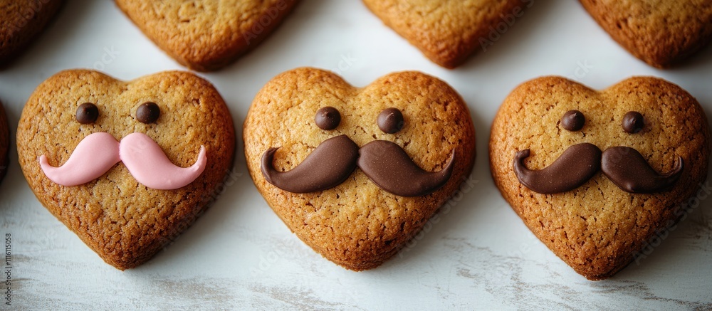 Aufkleber cookies shaped like moustaches and hearts for birthdays top view on white background with ample spac