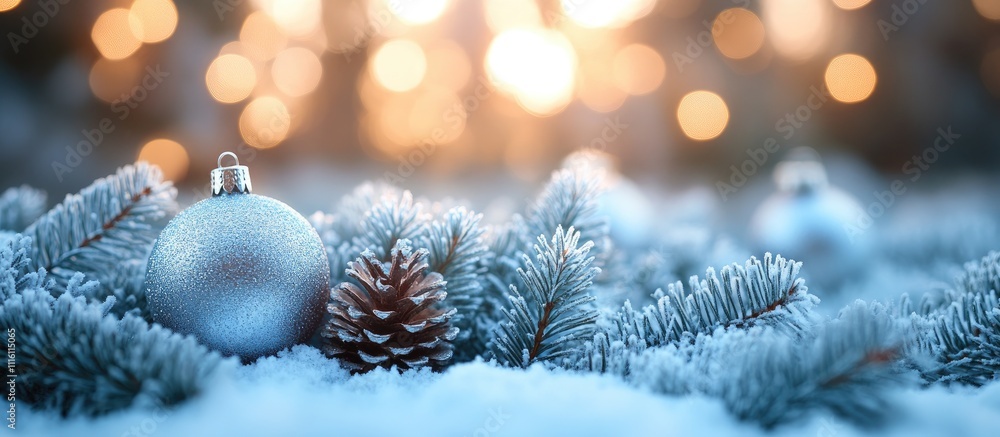 Poster Silver Christmas garland on frosted branches with a pine cone and soft bokeh lights creating a festive holiday background atmosphere