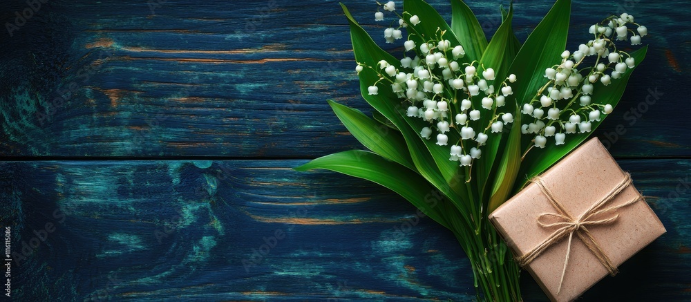 Aufkleber bouquet of lilies of the valley next to a gift box on rustic wooden table with space for text above 