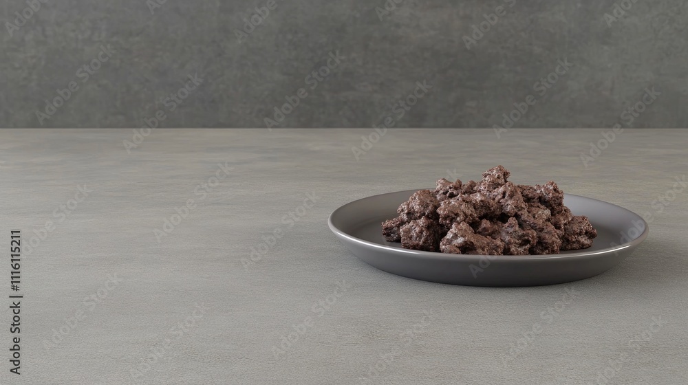 Poster Decadent brownie bits arranged on a simple gray plate against a minimalist table background showcasing culinary simplicity