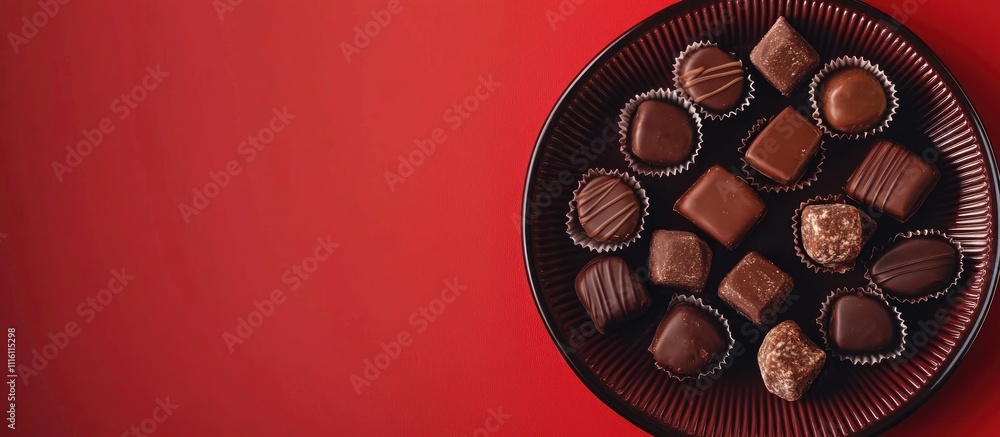 Aufkleber Assorted chocolate candies elegantly displayed on a black plate against a vibrant red backdrop creating a rich and inviting atmosphere