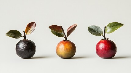 Mangosteen fruit trio with vibrant colors and leaves isolated on a clean white background showcasing natural beauty and freshness