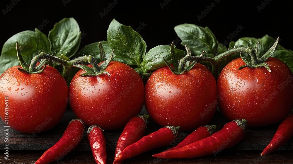 Aufkleber fresh tomatoes and red chili peppers with green leaves displayed on a dark surface creating a vibran