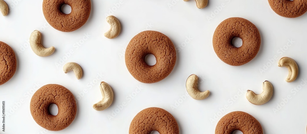 Poster Cashew nut cookies arranged on a white surface with cashew nuts creating a delightful baking scene