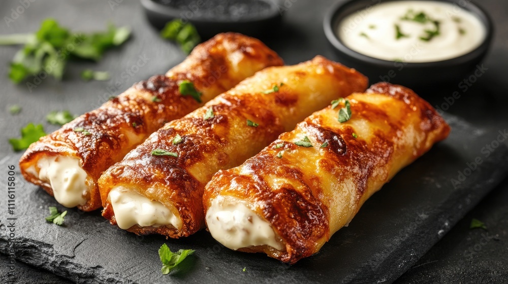 Poster crispy chicken spring rolls served with creamy mayonnaise and dipping sauce on a dark slate backgrou