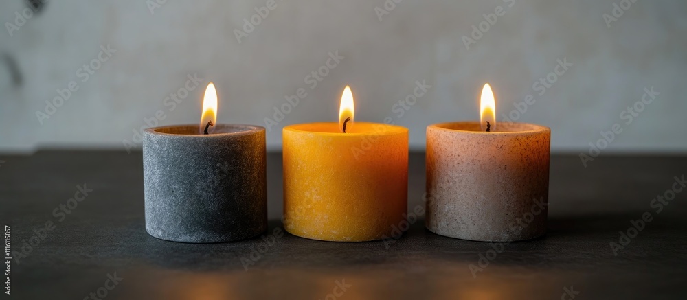 Poster advent candles in festive colors with three flickering flames creating a warm holiday atmosphere for