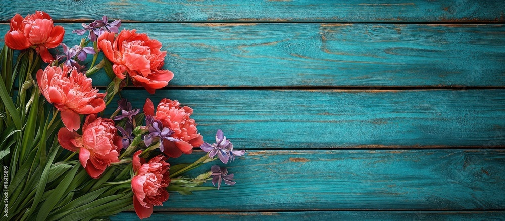Poster bouquet of red peonies and irises on a rustic turquoise wooden surface with space for a personalized