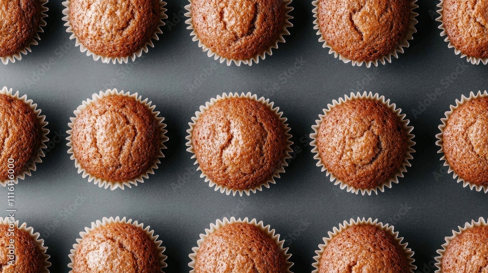 Poster freshly baked muffins arranged neatly in rows showcasing a delicious golden brown texture and paper 