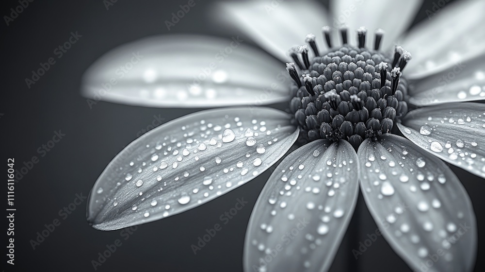 Aufkleber black and white close up macro of a flower with drops of water highlighting its intricate details an