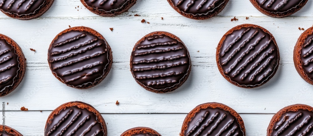 Poster Chocolate wafers arranged in a neat pattern on a rustic white wooden surface showcasing their rich texture and glossy chocolate topping