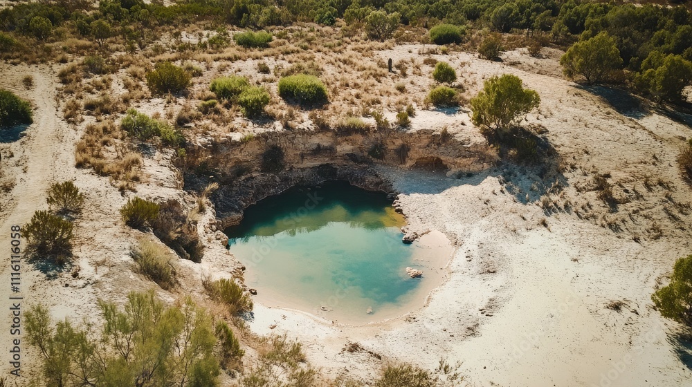 Poster aerial view of a serene desert landscape showcasing a tranquil lagoon surrounded by sandy terrain an
