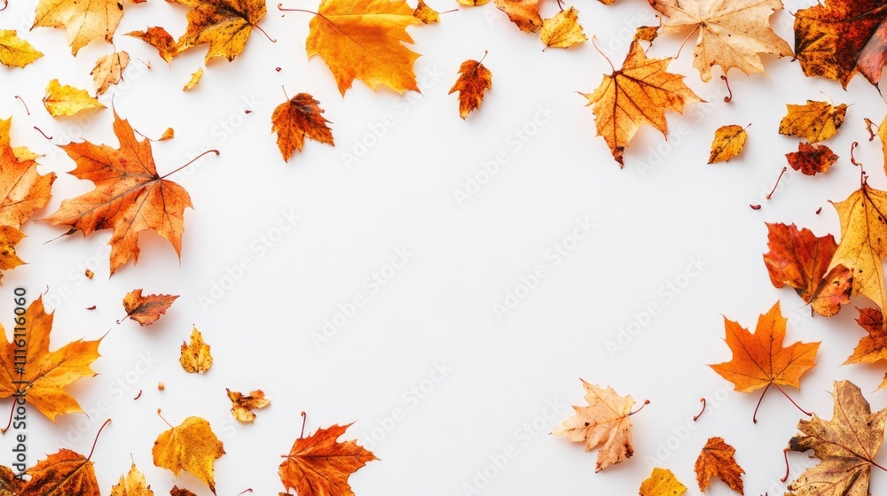 Poster autumn maple leaves arranged artistically on a clean white background creating a seasonal decorative