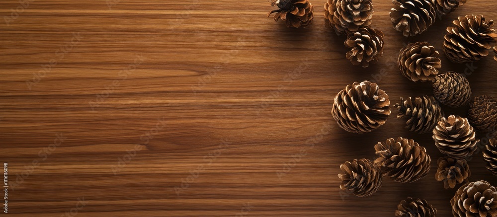 Poster christmas pine cone decorations arranged on a wooden backdrop with blank space for text viewed from 
