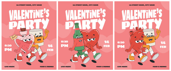 Fototapeta premium Vintage Valentines Day Party Flyer with groovy cartoon characters. Design for flyer, greeting card, banner, poster. Love concept.