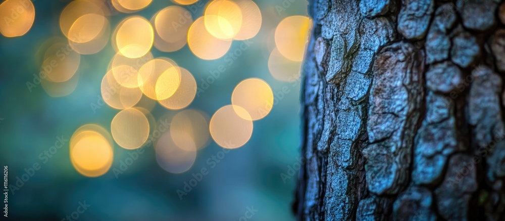 Aufkleber Bokeh lights softly illuminating a tree trunk creating a serene and enchanting nature backdrop for holiday or celebration themes