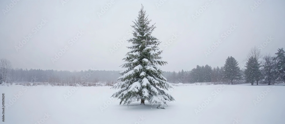 Aufkleber snow-covered christmas tree in serene winter landscape with white snow backdrop and frosted pine bra