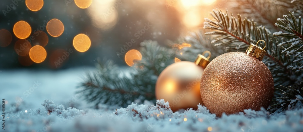 Aufkleber golden christmas ornaments resting on snow with festive bokeh lights and pine branches creating a wa