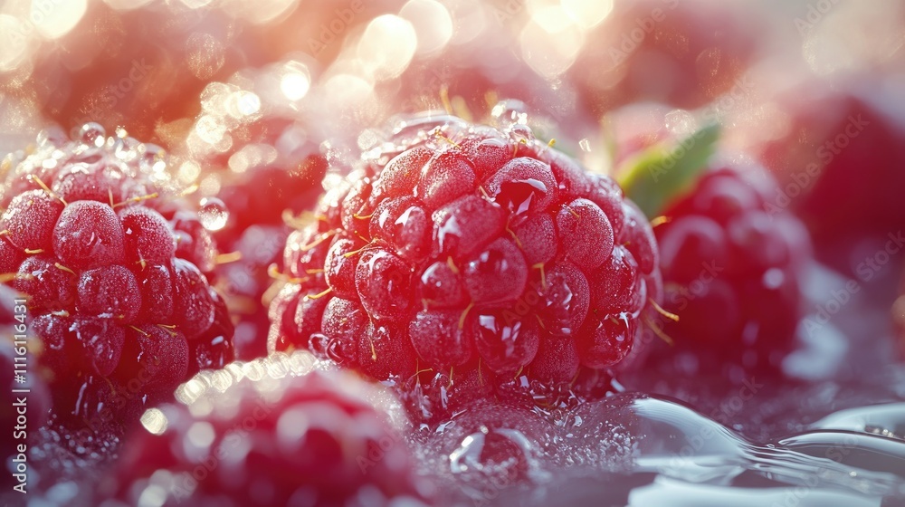 Poster freshly harvested raspberries glistening with water droplets on a reflective surface against a soft 