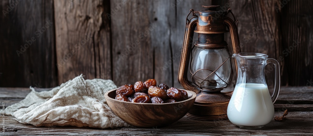 Poster rustic wooden table with dates in a bowl milk and lantern creating a cozy and inviting atmosphere fo