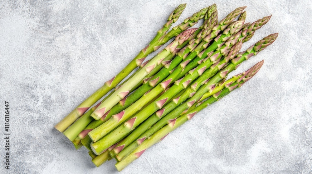 Poster fresh raw asparagus stems arranged on a textured white surface with ample copy space for culinary or