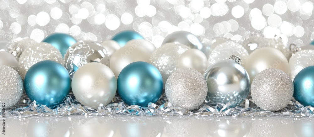 Poster Multicolored Christmas ornaments arranged on a silvery backdrop with sparkling bokeh creating a festive holiday atmosphere