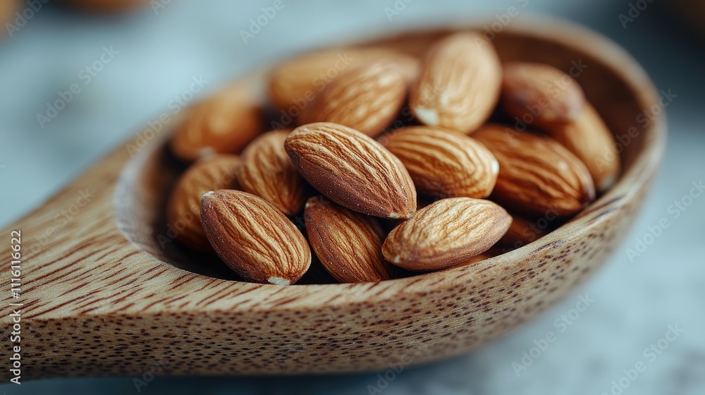 Poster almonds in a wooden spoon on a clean white background showcasing their natural texture and color for