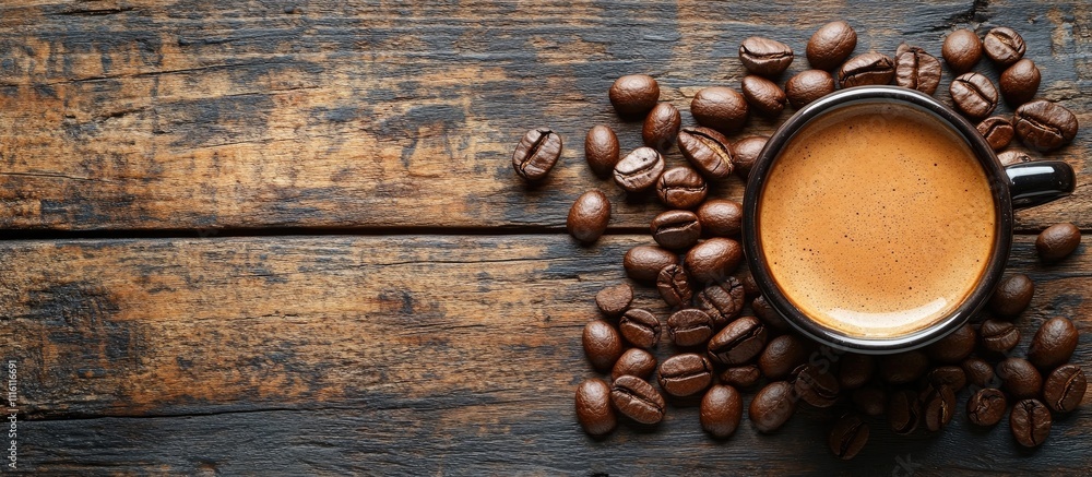 Aufkleber coffee beans and steaming cup of coffee beautifully arranged on a rustic wooden surface showcasing a