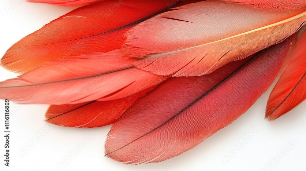 Aufkleber Vibrant red bird feathers arranged artistically on a white background showcasing texture and color variations for design and nature concepts