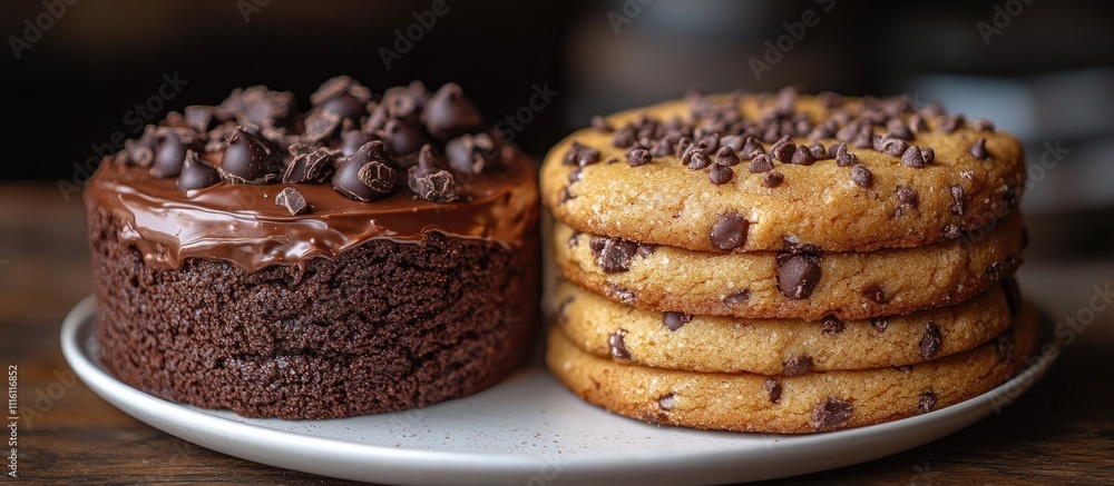 Aufkleber Chocolate Cake and Stack of Chocolate Chip Cookies on a Plate with Warm Rustic Background