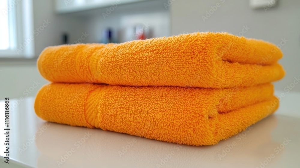 Poster freshly folded orange towels on a minimalist white table in a bright bathroom setting emphasizing cl