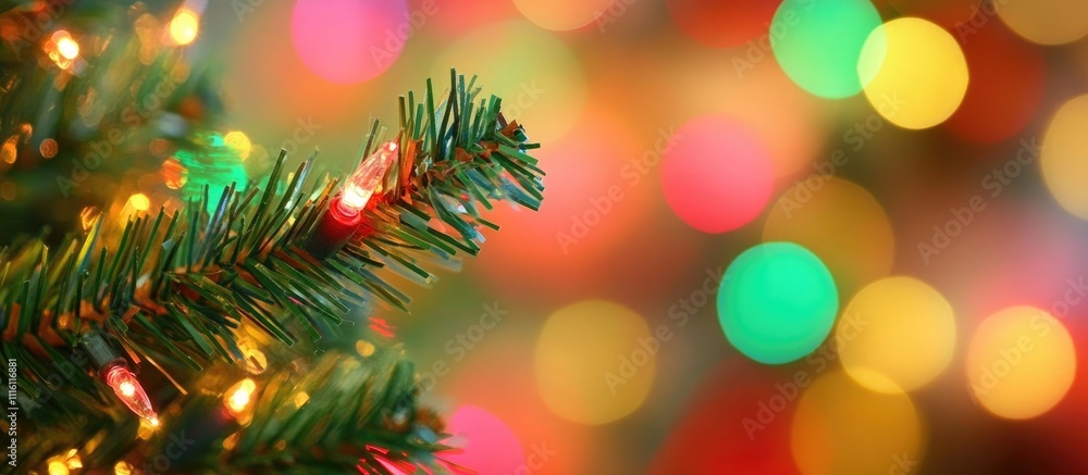 Poster festive christmas tree branch with colorful lights and soft bokeh background creating a warm holiday
