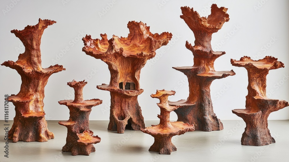 Poster artistic wood sculptures displayed against a minimalist white backdrop showcasing natural textures a