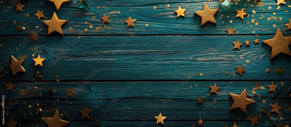 Poster dark blue wooden background adorned with golden stars and a clear space for text adding a touch of e