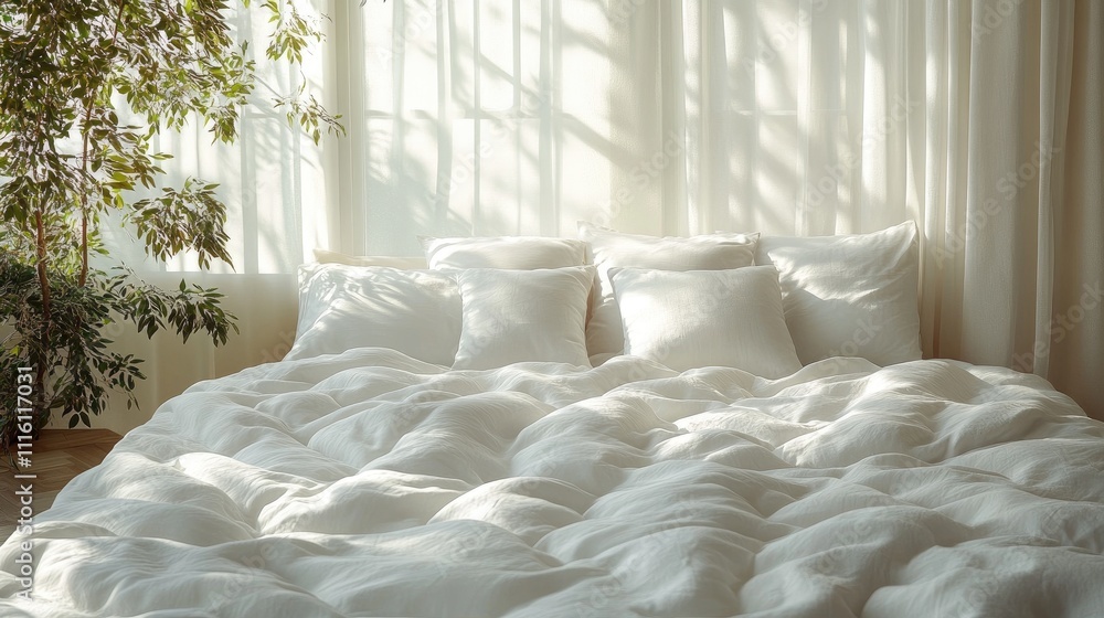 Aufkleber Bed with plush bedding and pillows elegantly arranged in soft lighting with sheer curtains and greenery in a tranquil setting.