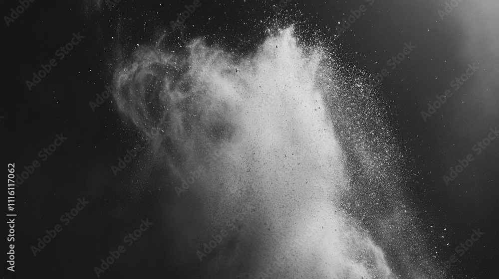 Poster dynamic explosion of white powder creating a stunning dust cloud against a dark backdrop capturing m