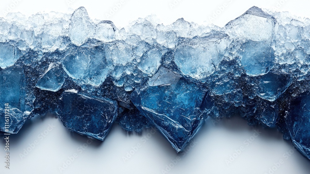 Poster blue translucent ice crystals on a clean white background showcasing texture and color contrast for 