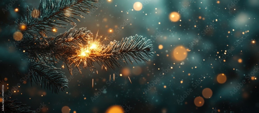 Poster enchanting christmas sparkler glowing on evergreen branch surrounded by soft bokeh lights and a dark