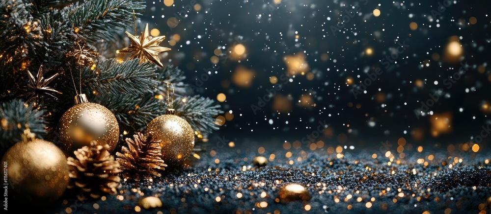 Poster Elegant Christmas tree decorated with golden ornaments and stars on a black background with a festive bokeh effect and falling snow.