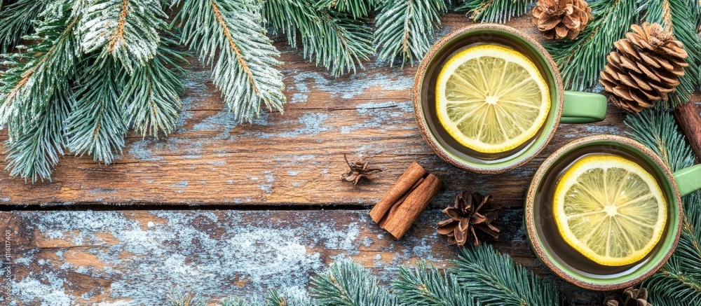 Poster mulled wine with lemon slices in rustic cups on wooden table surrounded by pinecones and greenery vi