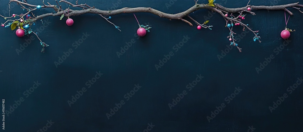 Poster decorative frame made of tree branches adorned with colorful ornaments on a dark background for holi