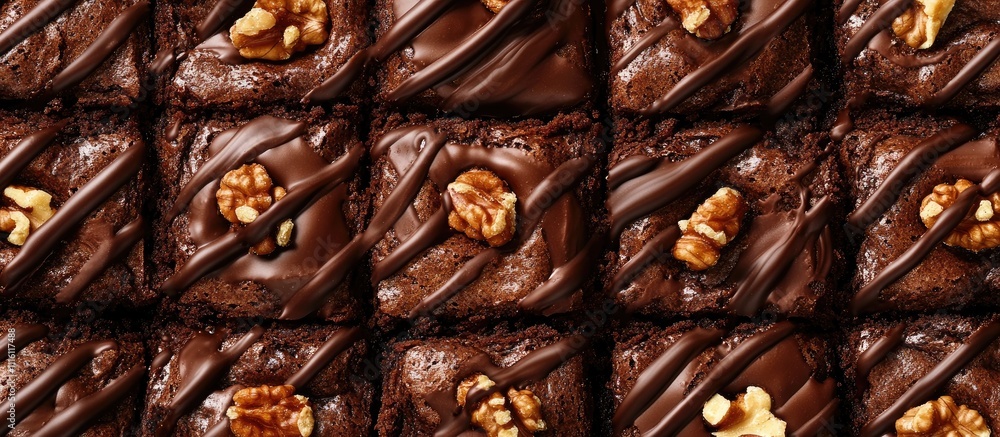 Poster decadent chocolate brownie squares topped with nutella and walnuts in a close-up shot showcasing ric